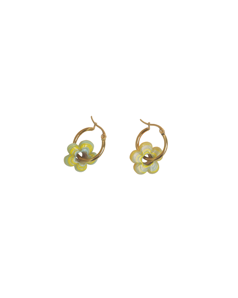 GOLD HOOPS COOL TONES | Floral glass beads on high grade stainless steel hoops. Each Flora piece is handmade, therefore each glass bead is unique. Pair these with your favourite day dress to complete your summer outfit.  