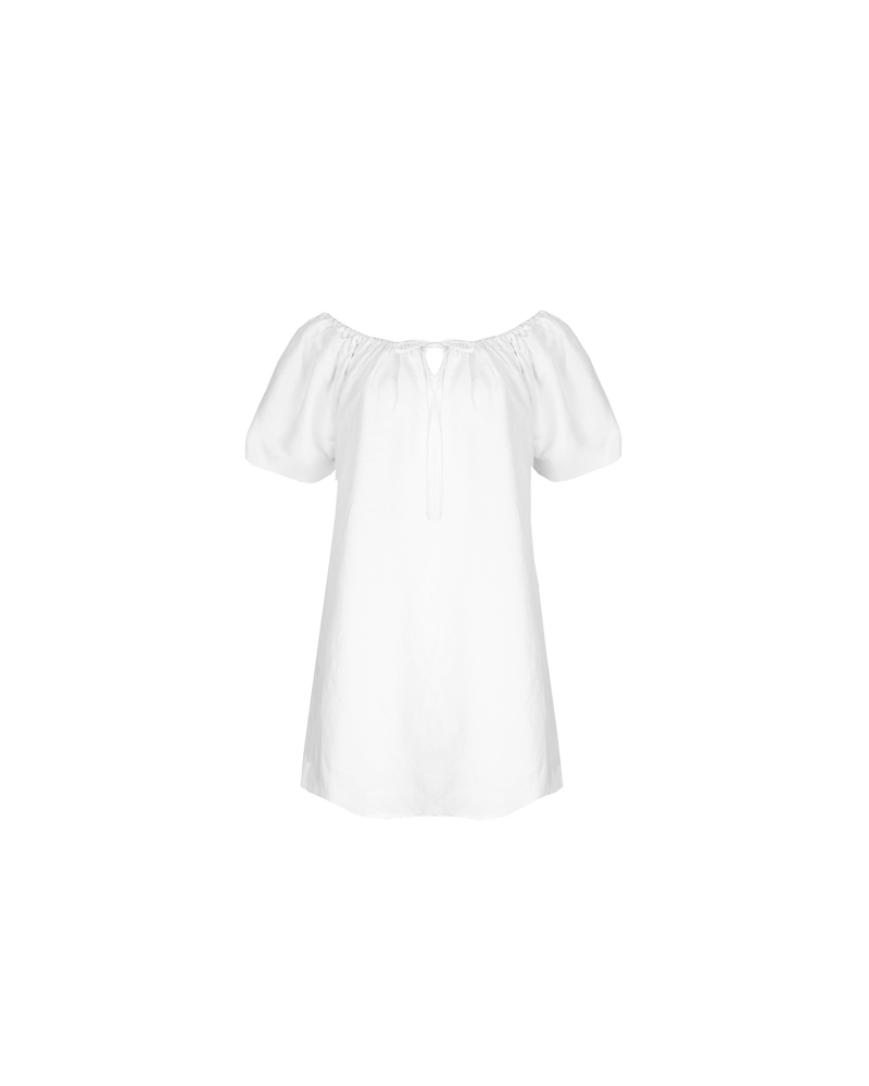 FLORY MINI DRESS WHITE | Short sleeve mini dress designed with a gathered neckline that ties at the centre front. Made from a soft linen blend, this dress can be worn on or off the...