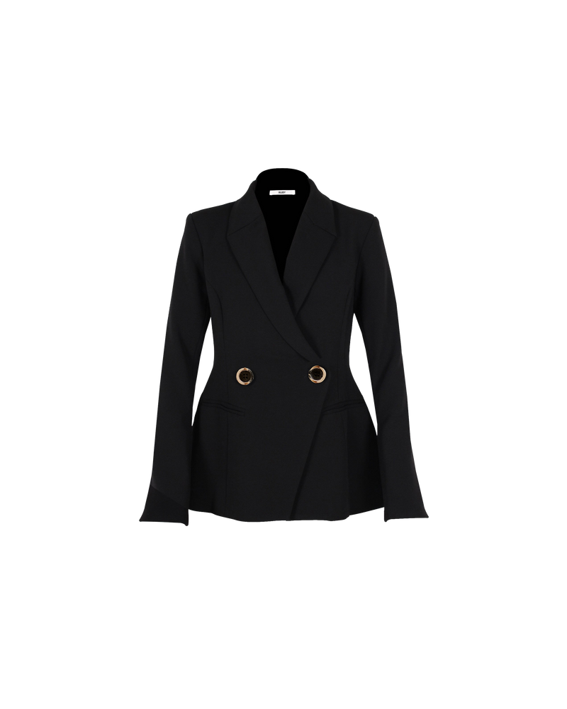 FRANKA BLAZER BLACK | Double breasted fitted blazer with an asymmetrical closure at the front. The fitted silhouette creates definition at the waist and this shape is also reflected in the fluted sleeve detail.