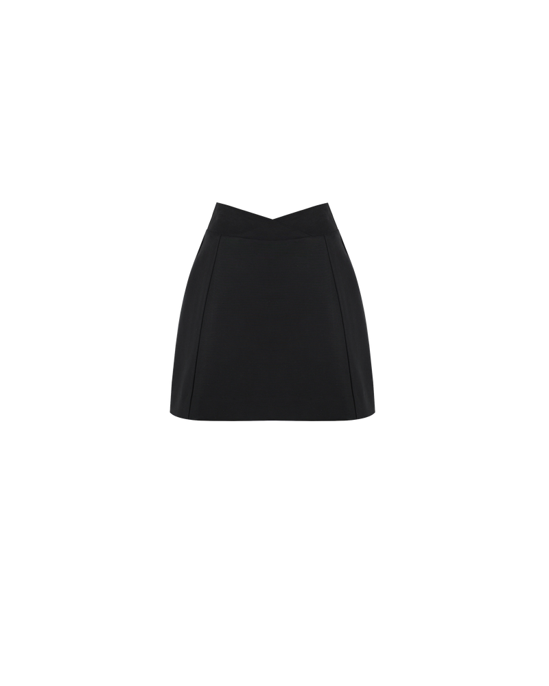 FRANKA MINI SKIRT BLACK | Form fitting mini skirt with crossover waist band. The waistband is thick and fits closely to flatter the form, made in a black suiting with stretch.