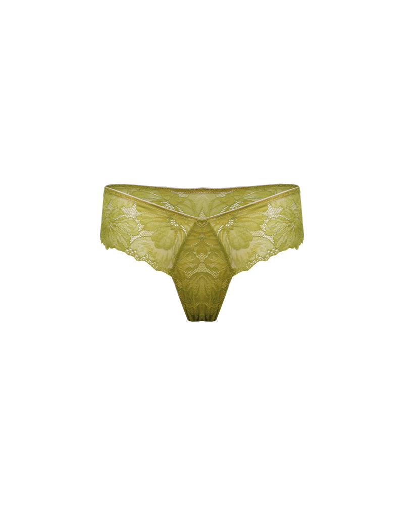 FRENCHY LACE KNICKER CHARTREUSE | The Frenchy Lace Knicker is designed in a soft, breathable lace, with a high cut shape and low coverage. Crafted in a chartreuse colourway, this knicker pairs well with any of our chartreuse coloured bras, especially our Dolly Lace Bra.  Liam...