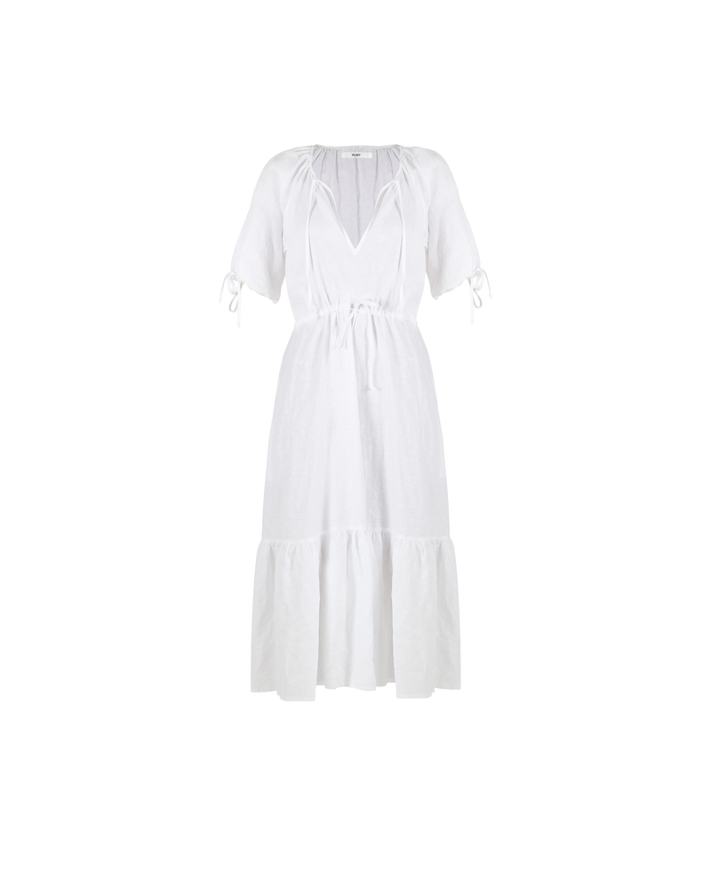 FRESH LINEN DRESS WHITE | Linen maxi dress with tie details and a gathered tier that gives this piece a gentle ruffle at the hem. The three quarter length sleeves, neckline and waist are finished...