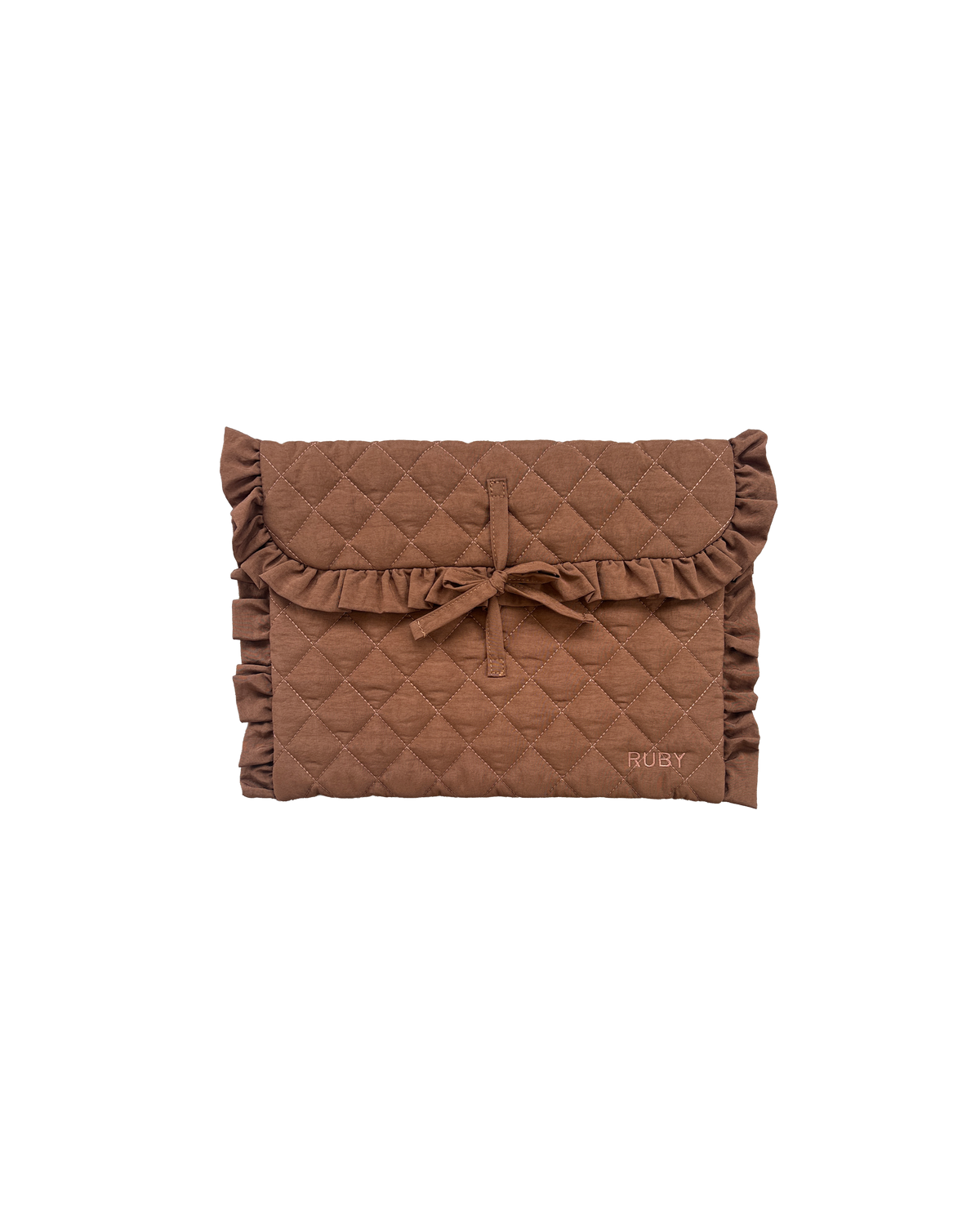 QUILTED FRILL LAPTOP CASE 13" JAVA | Our very own RUBY laptop case! This case is quilted and stuffed to provide your 13"/14" laptop or tablet with just enough padding for comfortable rides. Designed in our classic java colourway with frills along the edges. 