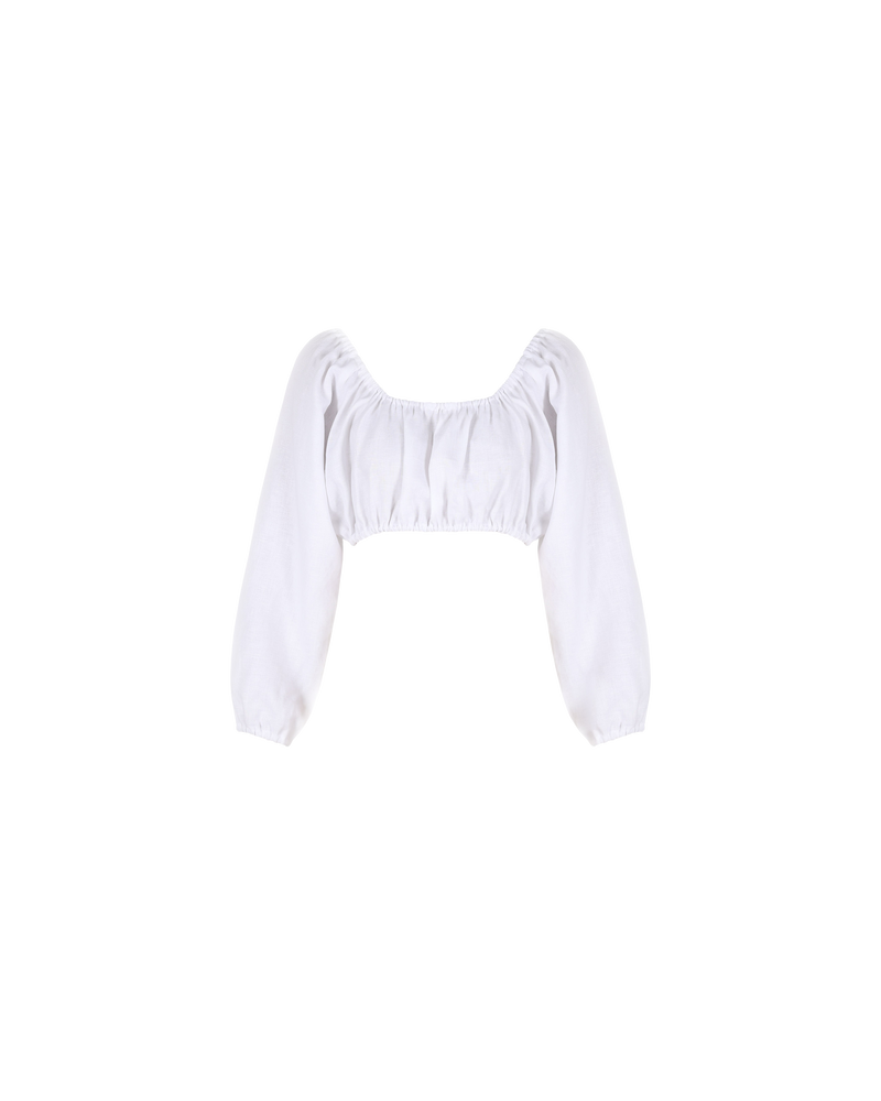 MELLOW LINEN CROP WHITE | Longsleeve linen top with an elasticated neckline and hem that creates gathering throughout. Features a cross over detail at the back which adds to the delicate look of the piece.