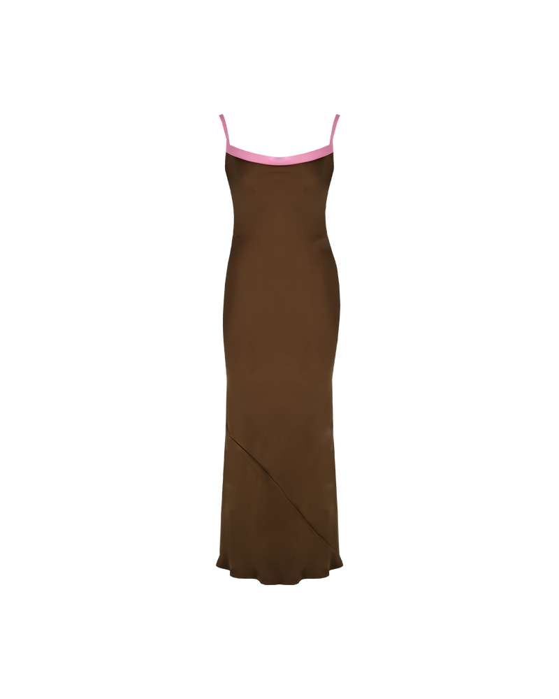 GEMINI SATIN SLIP BRONZE CANDY | Bias cut slinky slip dress crafted in a luxe satin. With a two-toned colour detail at the neckline and adjustable straps, this dress is chic and unique.