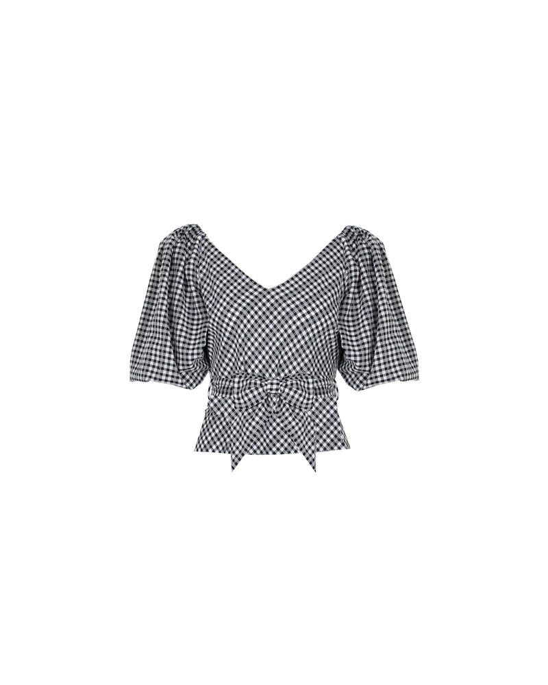 GEN GINGHAM TOP BLACK GINGHAM | Bias cut v-neck gingham blouse with puff sleeves. With a detachable waist tie and the option to wear on or off the shoulder, this blouse is a versatile and timeless piece.