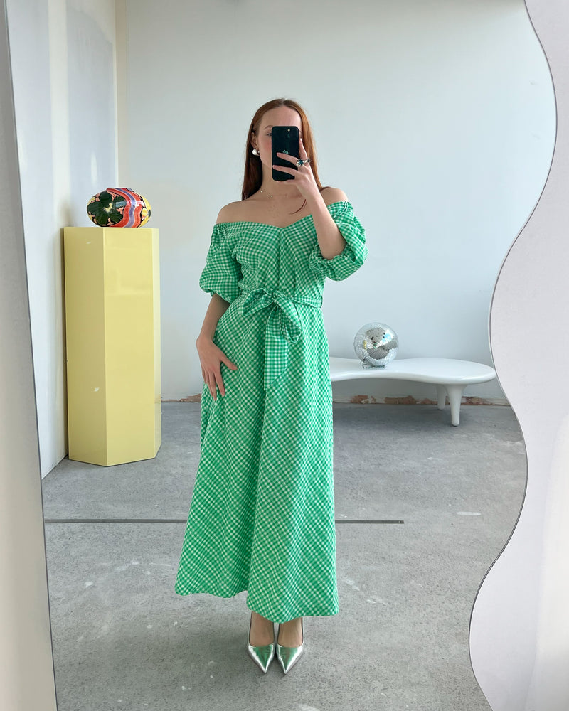 RSR SAMPLE 3497 GEN GINGHAM MIDI DRESS | RUBY Sample Gen Gingham Midi Dress in green. Size 8. One available. Danni is tall 163cm and usually wears a size 6-8. She measures: BUST: 81cm, WAIST: 67cm, HIP: 93cm. 