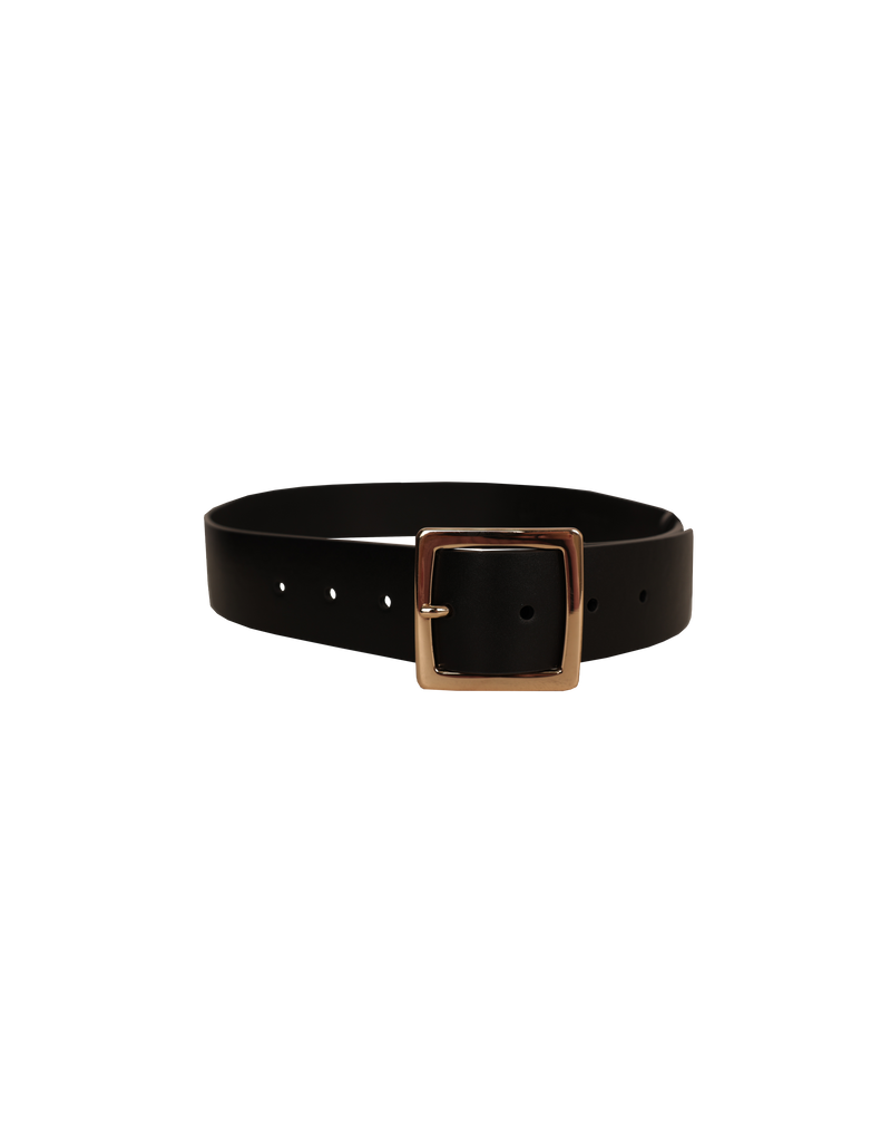  GIGI BELT BLACK | Wide 100% leather belt with a rose gold square buckle. Features an embossed RUBY logo on the underside of the belt.