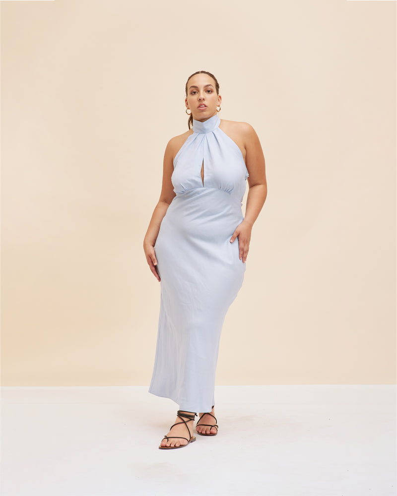 GIGI LINEN HALTER DRESS BABY BLUE | Bias cut linen halter slip with a keyhole detail at centre front. With a low open back that ties at the back neck, this dress is both elegant and fresh...