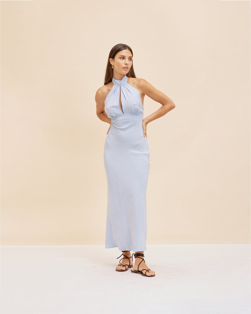 GIGI LINEN HALTER DRESS BABY BLUE | Bias cut linen halter slip with a keyhole detail at centre front. With a low open back that ties at the back neck, this dress is both elegant and fresh...