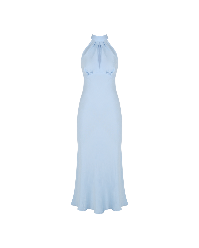 GIGI LINEN HALTER DRESS BABY BLUE | Bias cut linen halter slip with a keyhole detail at centre front. With a low open back that ties at the back neck, this dress is both elegant and fresh...