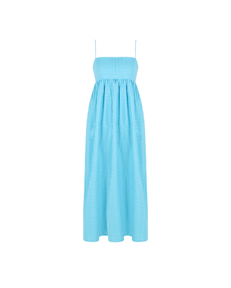 SPRITZ SUNDRESS AQUA GINGHAM | Cotton bandeau sundress cut in a striking new two-tone aqua gingham, featuring a shirred back, straight neckline and pockets to house your essentials. This piece is softly gathered under the...