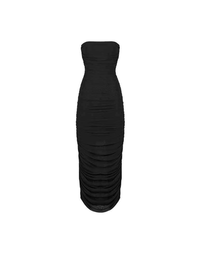 GINNI MESH DRESS BLACK | Form fitting sleeveless tube dress in an black mesh with gathered side seams that create ruching that gently accentuate the contours of your silhouette. Created in a stretchy fabric, this...