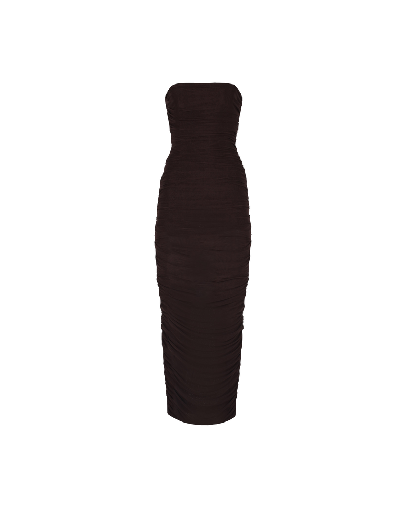 GINNI MESH DRESS CHOCOLATE | Form fitting sleeveless tube dress in a chocolate mesh with gathered side seams that create ruching that gently accentuate the contours of your silhouette. Created in a generously stretchy fabric,...