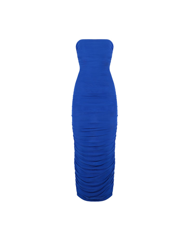 GINNI MESH TUBE DRESS ELECTRIC | Form fitting sleeveless tube dress in an electric blue coloured mesh with gathered side seams that create ruching that gently accentuate the contours of your silhouette. Created in a stretchy...