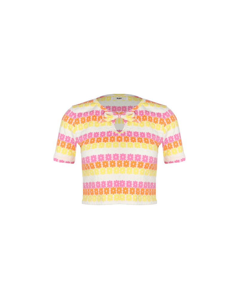 GOLDIE T-SHIRT PINK MULTI | Cropped t-shirt with a feature key hole and tie detail at the neckline, designed in the iconic RUBY Goldie floral in a new pink, yellow and orange colour way. This...