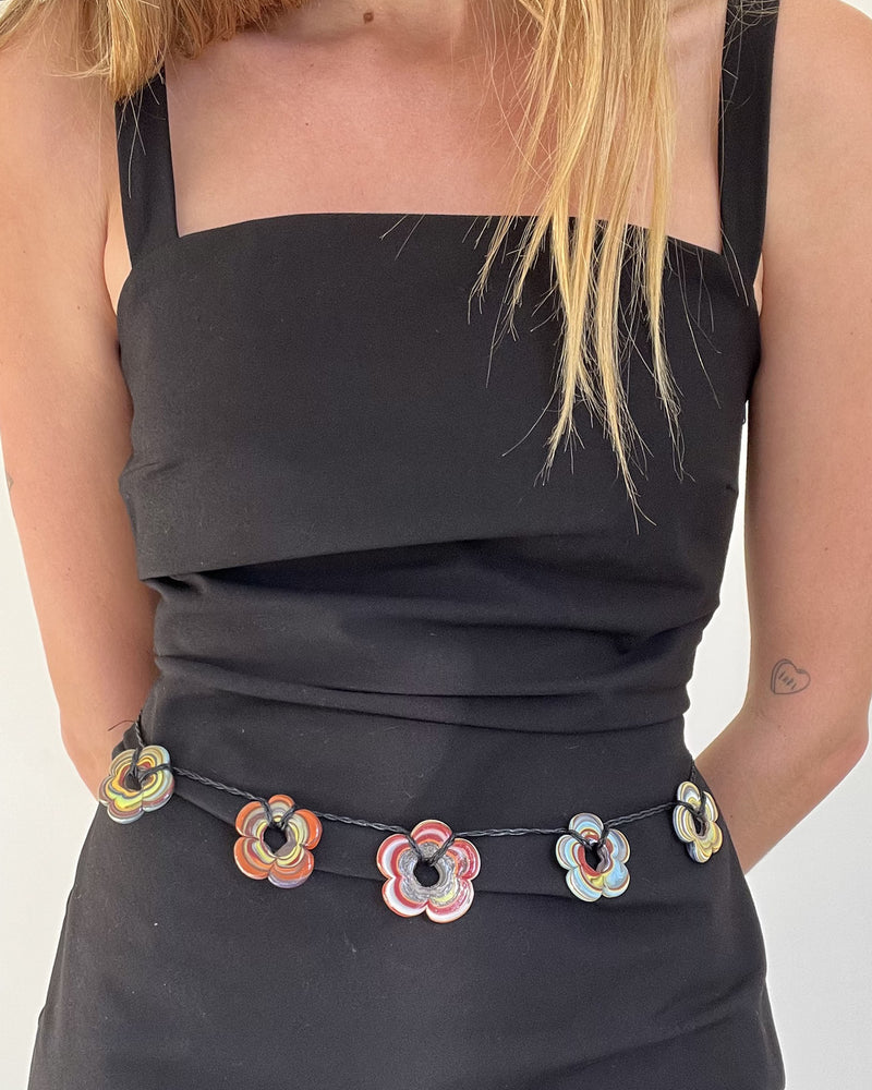 GRACE BELT BLACK MULTI | Floral glass pendant belt with a hemp cord, designed to wear on your waist or your hips. Wear over skirts, dresses or tied through your favourite denim or trouser loops. Each glass Flora...