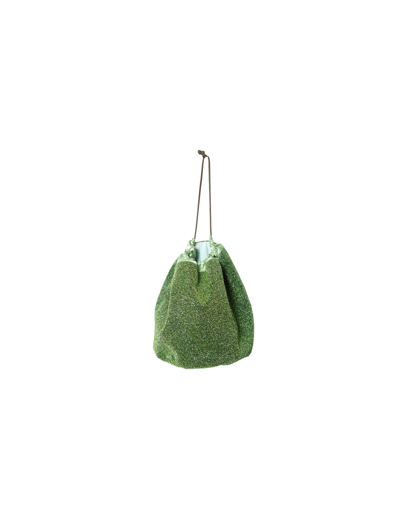 BRILLI BRILLI BAG GREEN | Glitter bucket bag in a shimmery green fabric. This bag features a 'world map' lining, perfect to take with you everywhere.