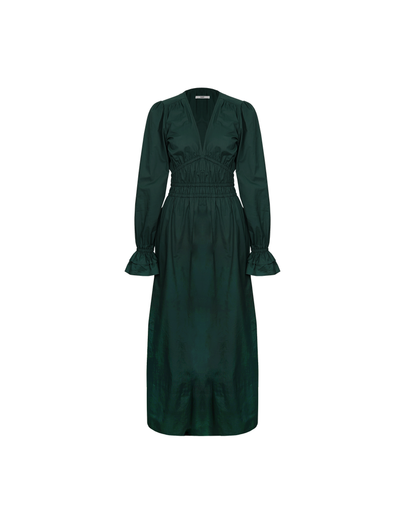 HANNA MAXI DRESS PINE | Longsleeve maxi dress with a plunge neckline, elastic cuffs with ruffle detailing and side split designed in a pine cotton. The shirring at the waist accentuates the full skirt. Find...