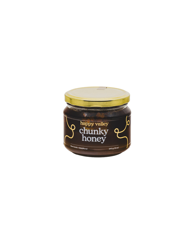 CHUNKY HONEY YELLOW | Experience the ultimate honey, a New Zealand honey that's chunky, raw, and delicious. Aromatic, sweet and vibrant, Happy Valley's local honeycomb is the perfect addition to any meal or platter. 