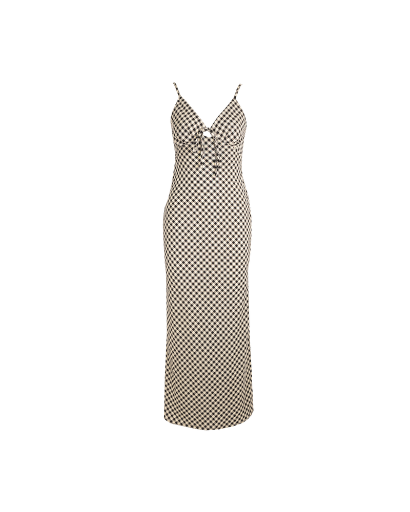 HARLEY BOW DRESS BLACK BUTTER GINGHAM | Shoestring cotton midi dress designed in a black and butter gingham. Simple details like the shoestring tie at the bust and side split make this dress a summer staple.