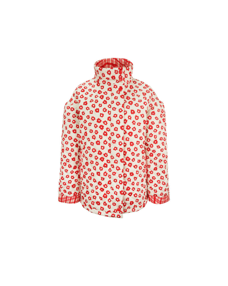 HARRIET JACKET RED DAISY | Quilted padded jacket, designed with a relaxed fit with generous sleeves, meaning it will easily layer over your chunkiest knits. This jacket has a high, stand up collar with snap...