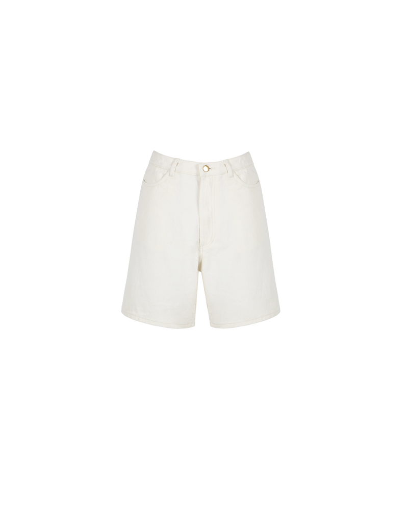 SOLAR RELAXED SHORT CREAM | Vintage inspired high waisted short designed in a cream mid-weight cotton denim. Sitting slightly A-line and offering a longer length fit, these shorts sit relaxed and easy in the warmer...
