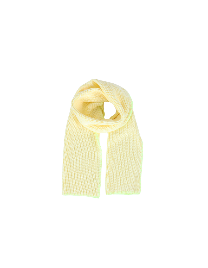 HEIDI SCARF LEMON | Long knit scarf in a made in a blanket stitch trimmed with contrasting stitch detail. This piece is thickly ribbed to lock in warmth, and knitted for a soft, cozy...