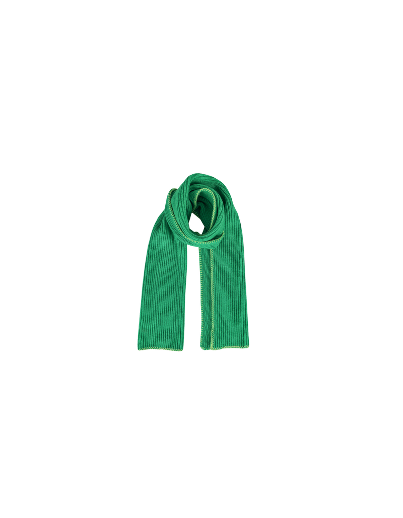 HEIDI SCARF GREEN | Long knit scarf in a made in a blanket stitch trimmed with contrasting stitch detail. This piece is thickly ribbed to lock in warmth, and knitted for a soft, cozy...