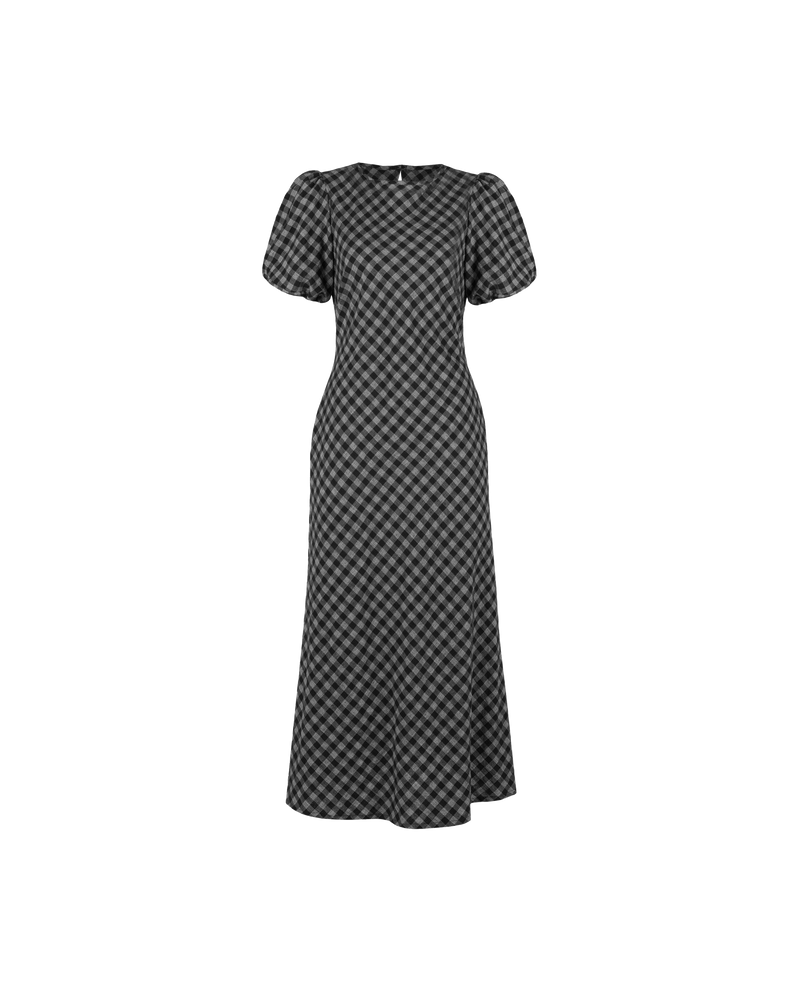 HEIDI GINGHAM DRESS BLACK GINGHAM | Bias cut midi dress with twisted puff sleeves and a keyhole opening with tie closure at the back neck. Cut from a tonal black gingham, this piece is designed to...