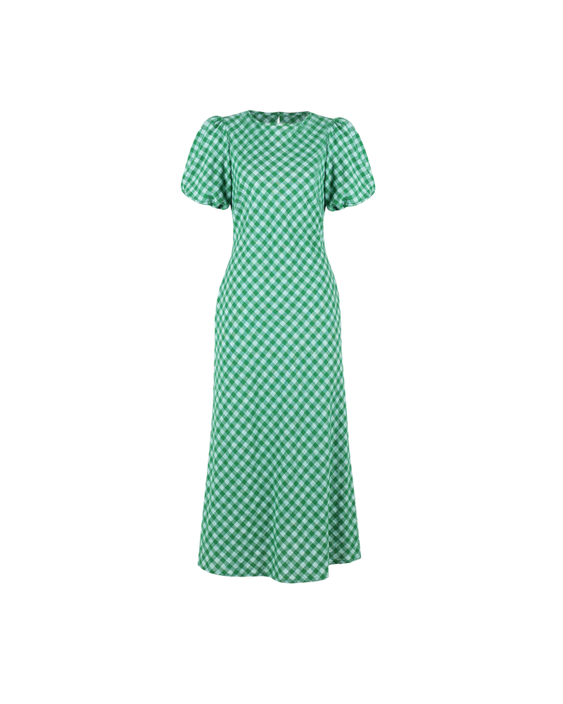 HEIDI GINGHAM DRESS GREEN GINGHAM | Bias cut midi dress with twisted puff sleeves and a keyhole opening with tie closure at the back neck. Cut from a tonal green gingham, this piece is designed to...