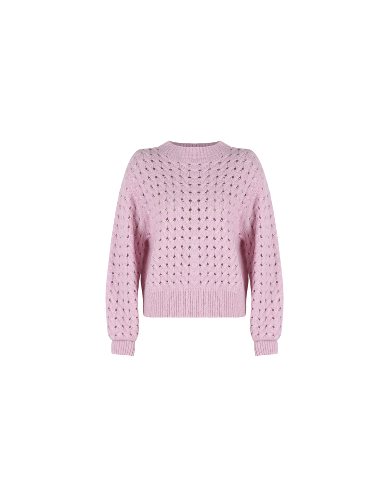 HEIDI SWEATER PINK | Pale pink sweater spun from a luxurious mohair wool blend in an open lace knit stitch, making it both warm and breathable. Soft to the touch with a comfortable and...