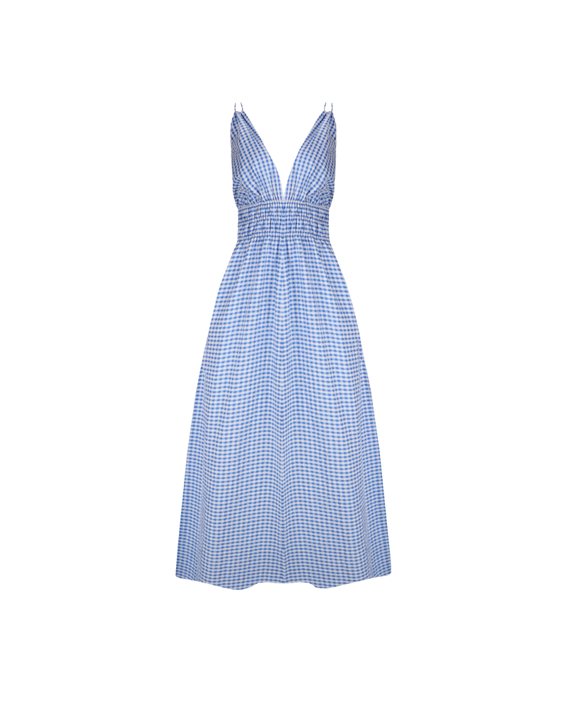 HERO MAXI DRESS BLUE GINGHAM | Double strap maxi dress with a plunge neckline, shirred waist detail, and side split in an organic blue gingham cotton. The shirring at the waist accentuates the full skirt.