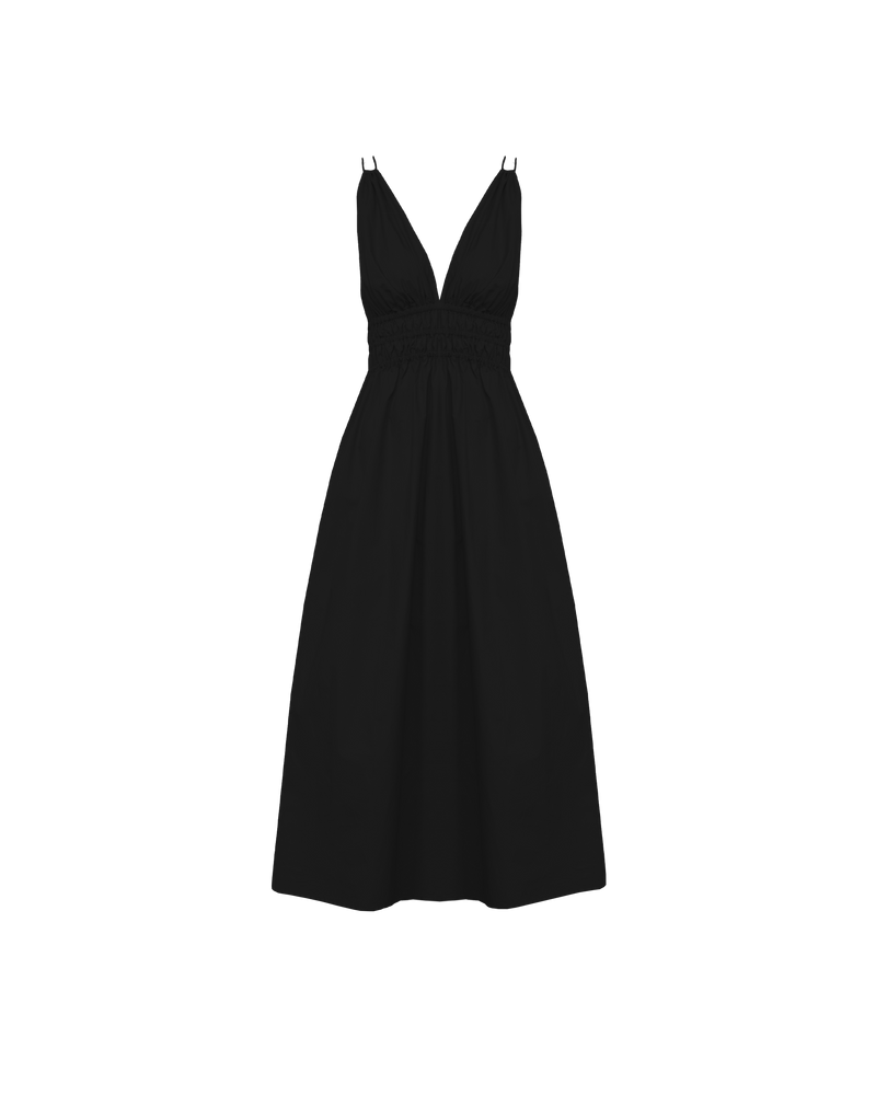 HERO MAXI DRESS BLACK | Double strap maxi dress with a plunge neckline, shirred waist detail and side split in a black cotton. The shirring at the waist accentuates the full skirt.