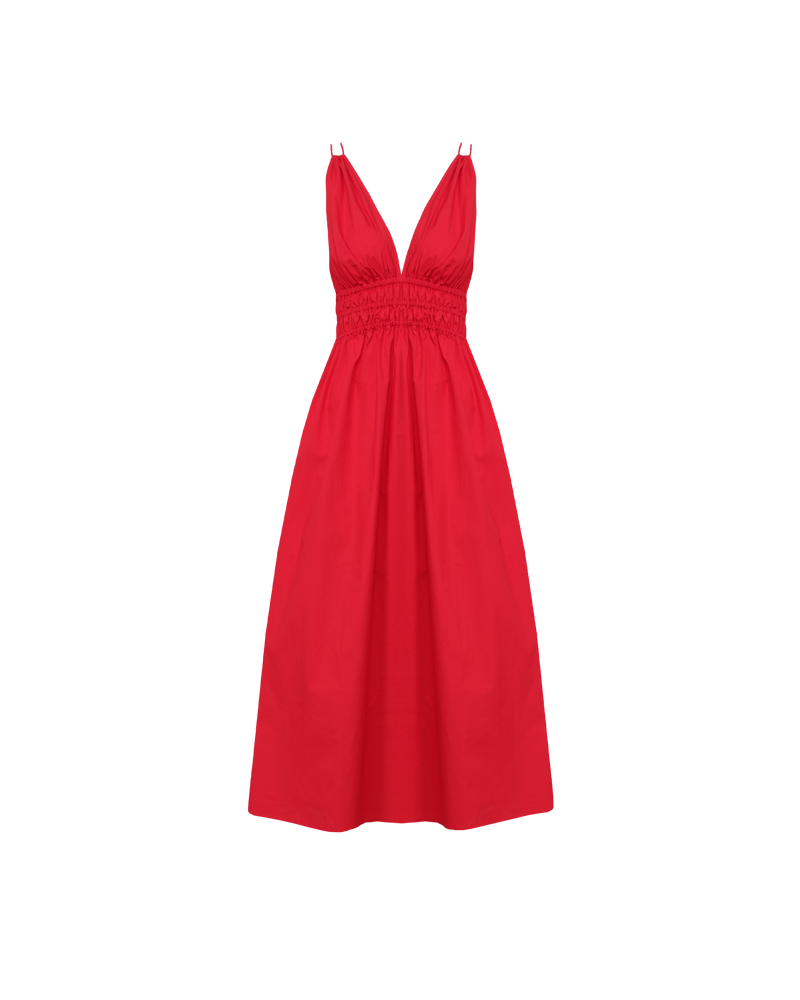 HERO MAXI DRESS CHERRY | Double strap maxi dress with a plunge neckline, shirred waist detail, and side split in a cherry red cotton. The shirring at the waist accentuates the full skirt.