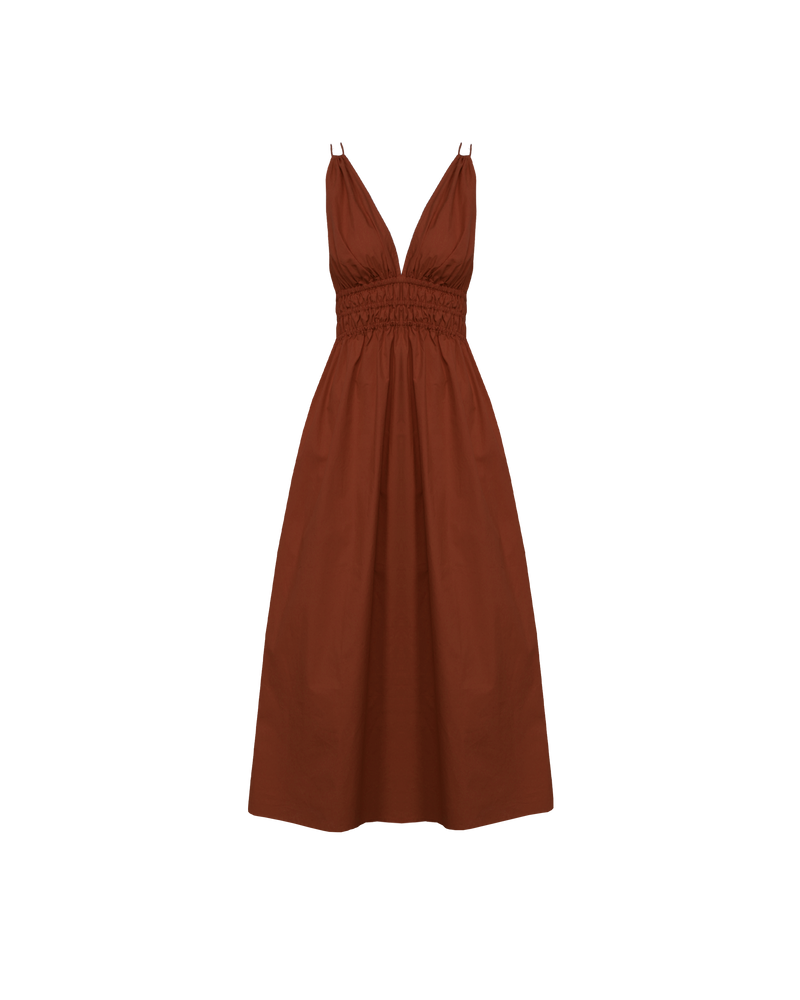 HERO MAXI DRESS CHOCOLATE | Double strap maxi dress with a plunge neckline, shirred waist detail, and side split in a chocolate coloured cotton. The shirring at the waist accentuates the full skirt.