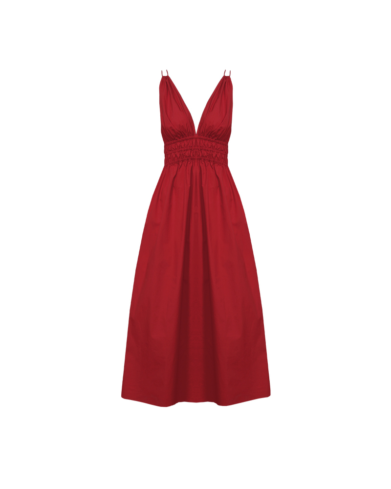 HERO MAXI DRESS GARNET | Double strap maxi dress with a plunge neckline, shirred waist detail, and side split in a garnet red cotton. The shirring at the waist accentuates the full skirt.
