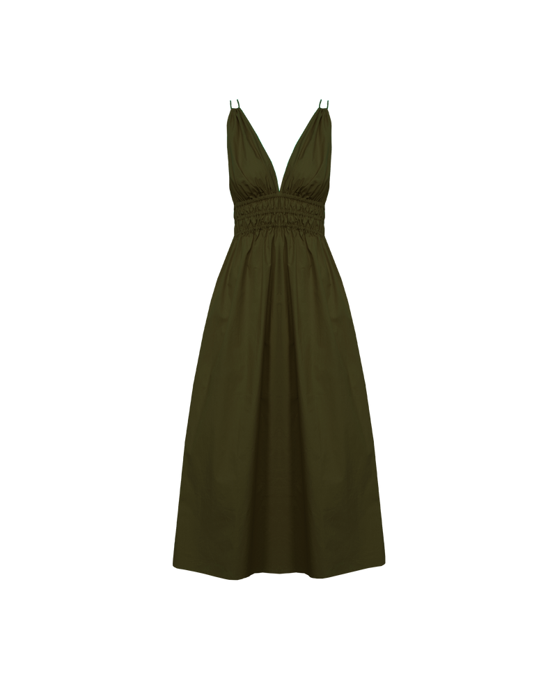 HERO MAXI DRESS OLIVE | Double strap maxi dress with a plungle neckline, shirred waist detail and side split in an olive cotton. The shirring at the waist accentuates the full skirt.