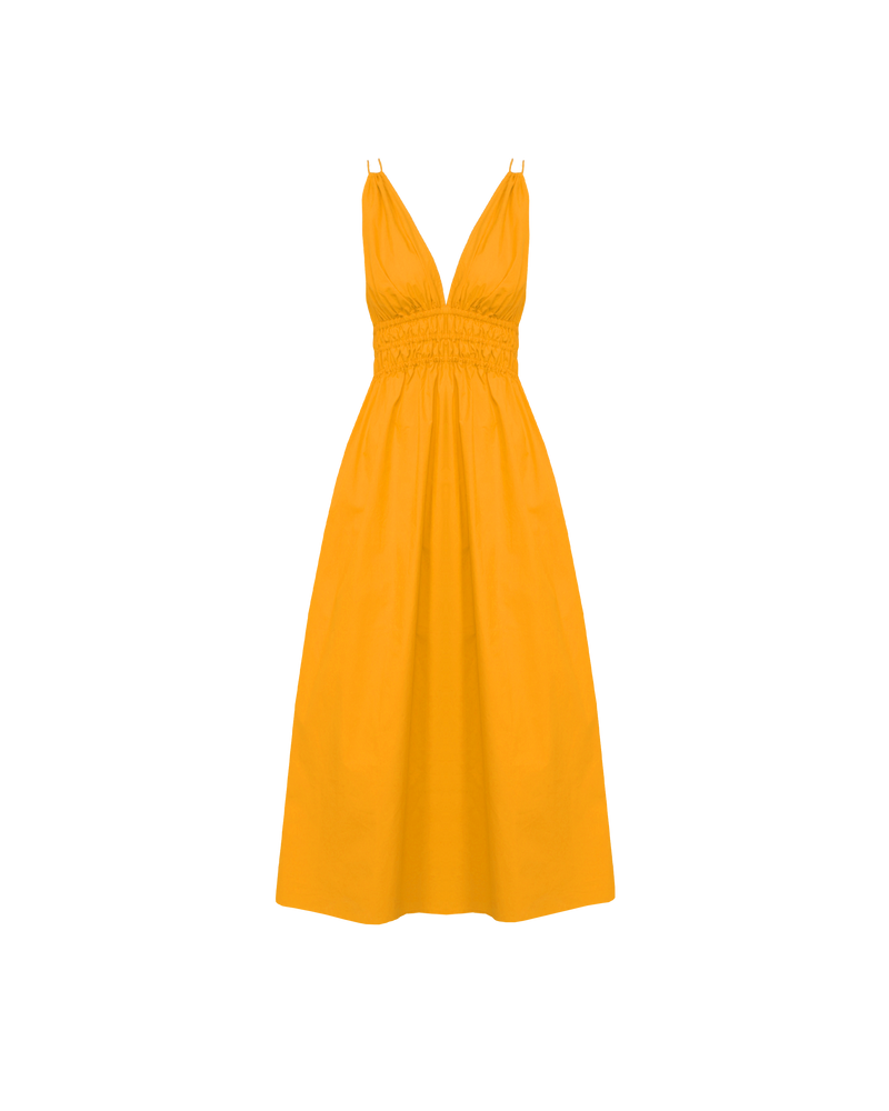 HERO MAXI DRESS MARIGOLD | Double strap cotton maxi dress with a plunge neckline, shirred waist detail and side split in a striking marigold colour. The shirring at the waist accentuates the full skirt.