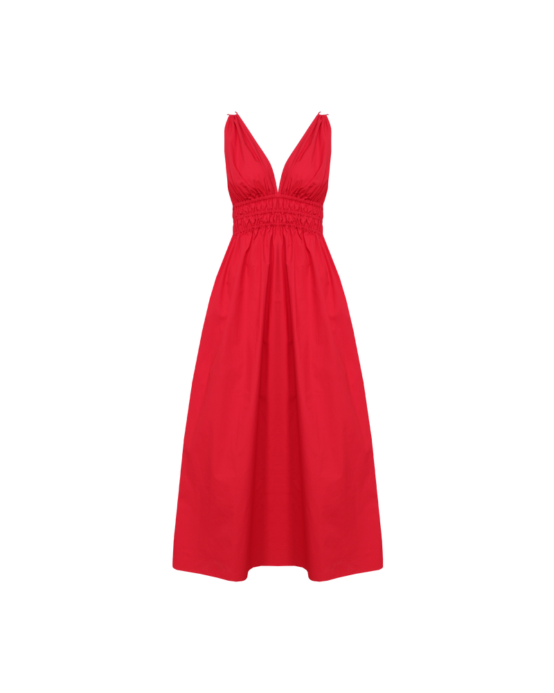HERO MAXI DRESS CHERRY | Double strap maxi dress with a plunge neckline, shirred waist detail, and side split in a cherry red cotton. The shirring at the waist accentuates the full skirt.
