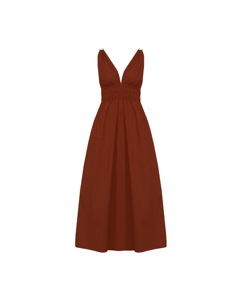 HERO MAXI DRESS CHOCOLATE | Double strap maxi dress with a plunge neckline, shirred waist detail, and side split in a chocolate coloured cotton. The shirring at the waist accentuates the full skirt.