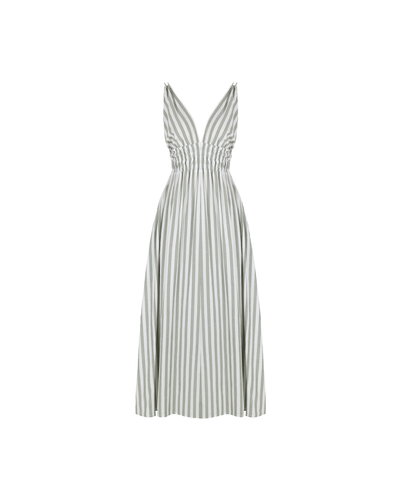 HERO MAXI DRESS OLIVE STRIPE | Double strap maxi dress with a plungle neckline, shirred waist detail and side split in an olive striped cotton. The shirring at the waist accentuates the full skirt.