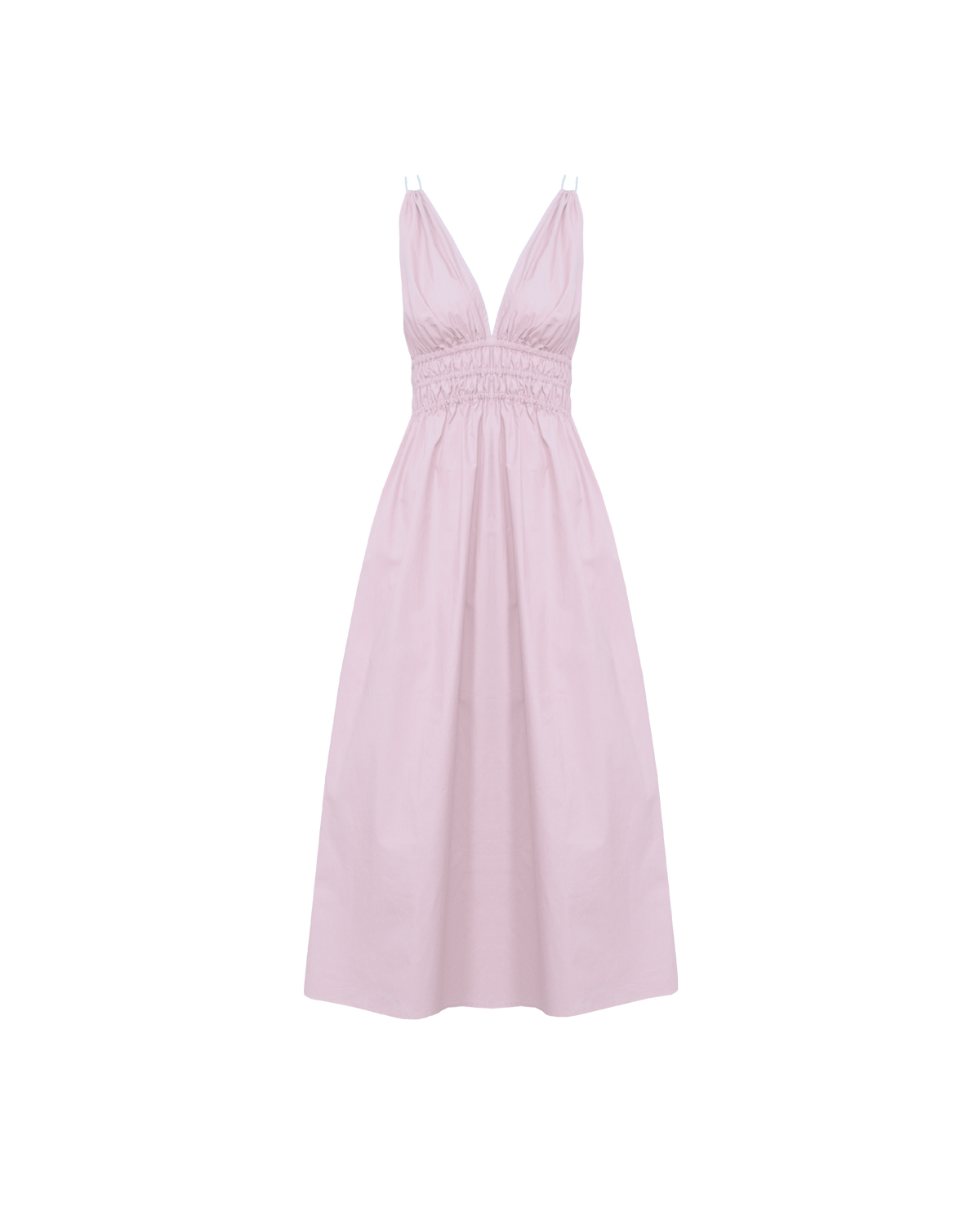 HERO MAXI DRESS SOFT PINK | Double strap maxi dress with a plunge neckline, shirred waist detail, and side split in a pink organic cotton. A Rubette favourite for any occasion, from weddings to workwear and more.