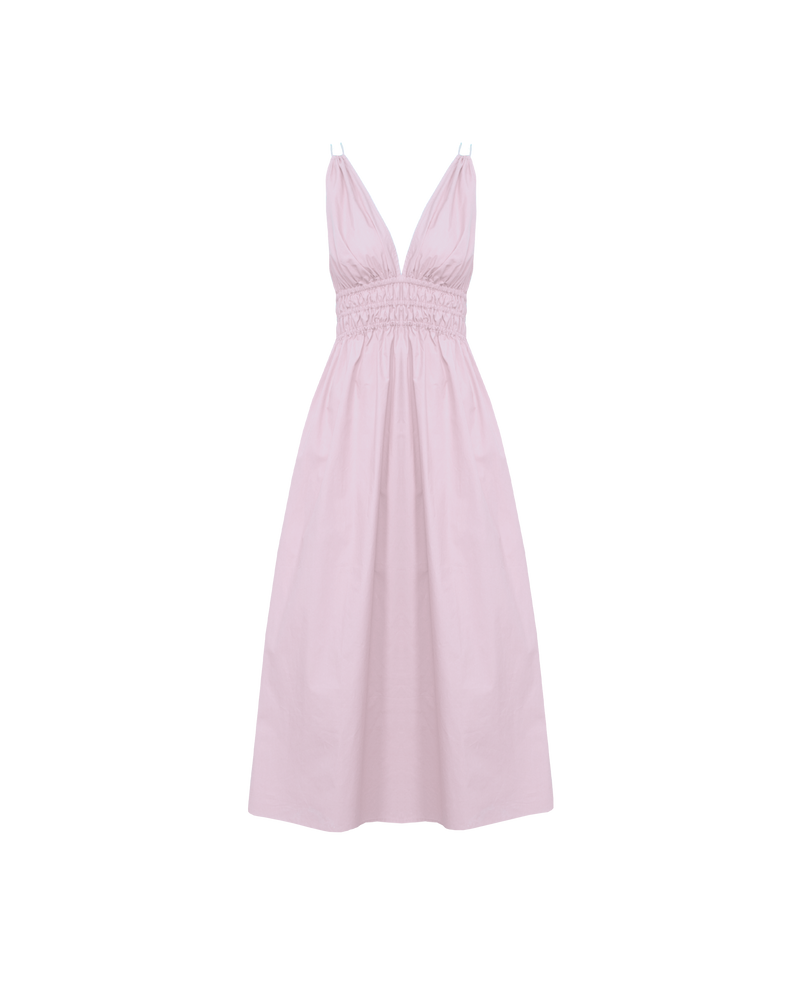 HERO MAXI DRESS SOFT PINK | Double strap maxi dress with a plunge neckline, shirred waist detail, and side split in a pink organic cotton. A Rubette favourite for any occasion, from weddings to workwear and more.