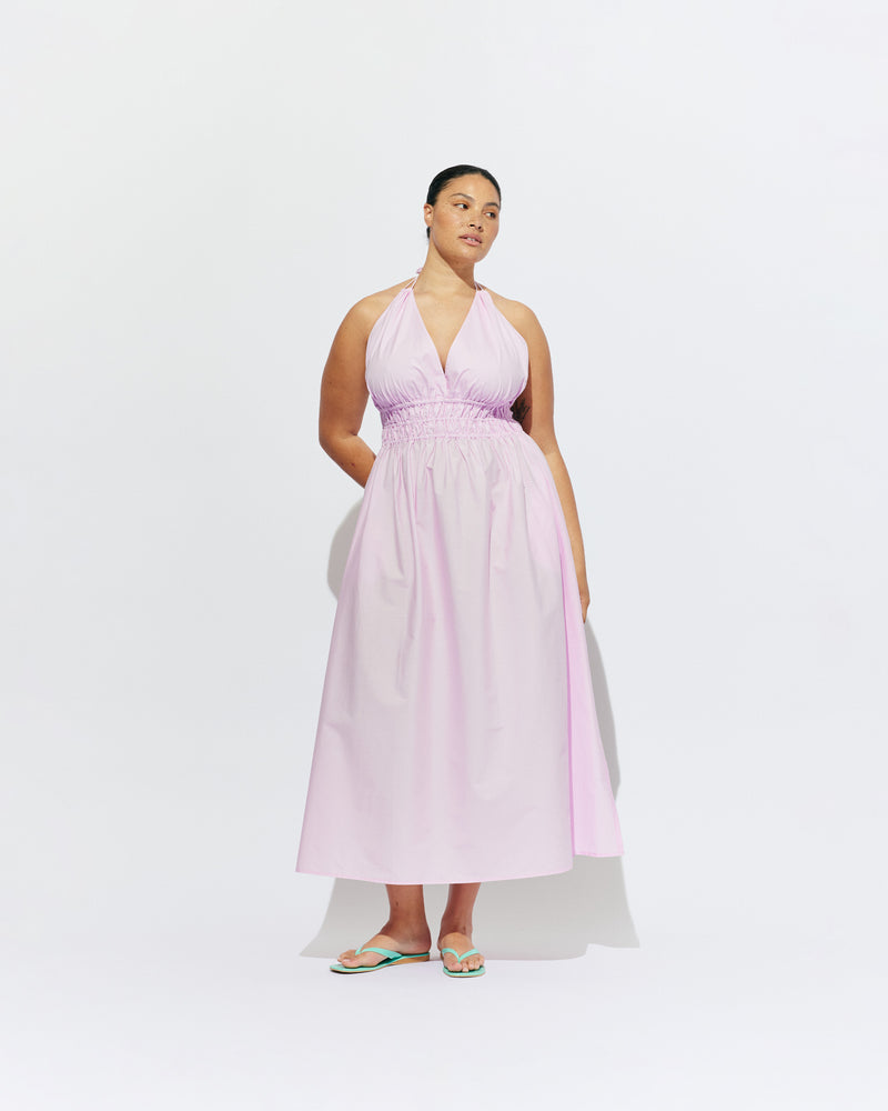HERO MAXI DRESS SOFT PINK | Double strap maxi dress with a plunge neckline, shirred waist detail, and side split in a pink organic cotton. A Rubette favourite for any occasion, from weddings to workwear and more.