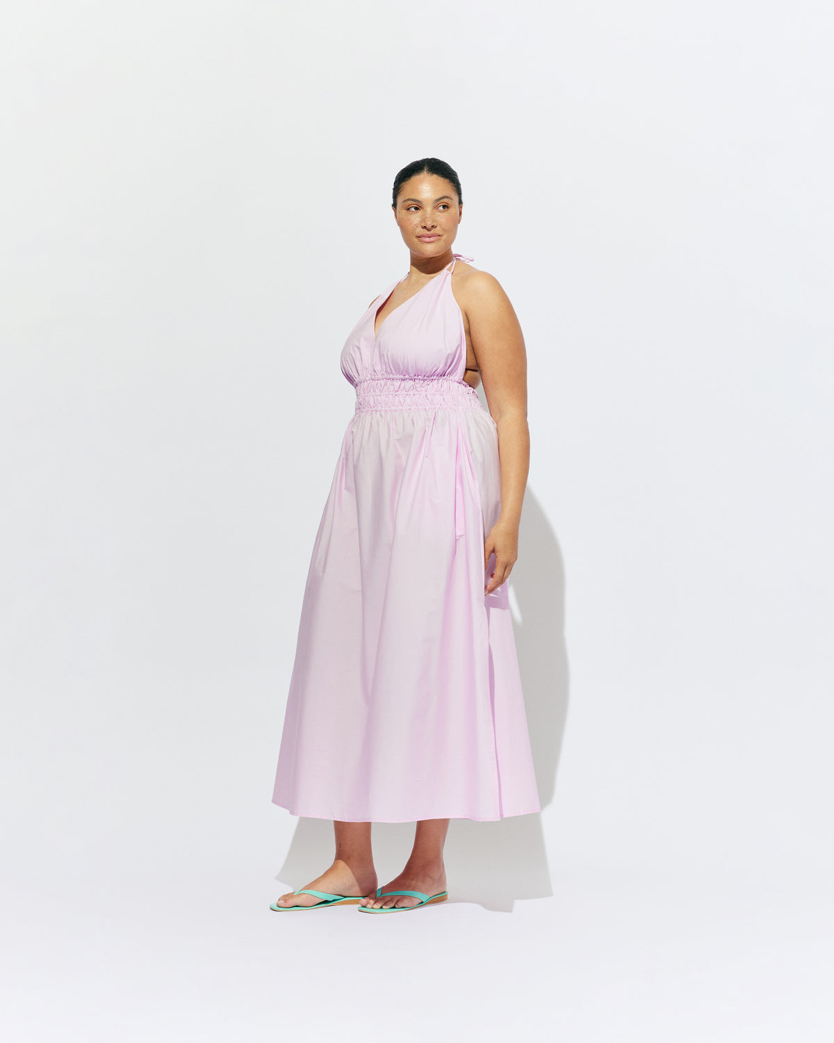 HERO MAXI DRESS SOFT PINK | Double strap maxi dress with a plunge neckline, shirred waist detail, and side split in a pink organic cotton. A Rubette favourite for any occasion, from weddings to workwear and more.