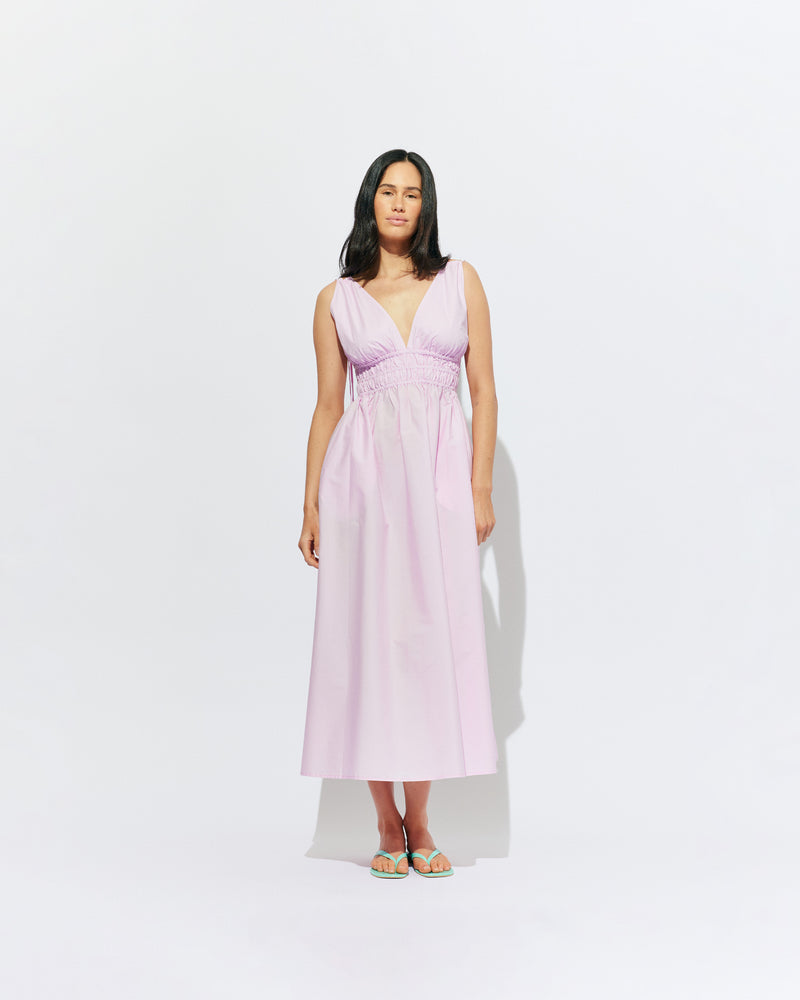 HERO MAXI DRESS SOFT PINK | Double strap maxi dress with a plunge neckline, shirred waist detail, and side split in a pink organic cotton. A Rubette favourite for any occasion, from weddings to workwear and more.