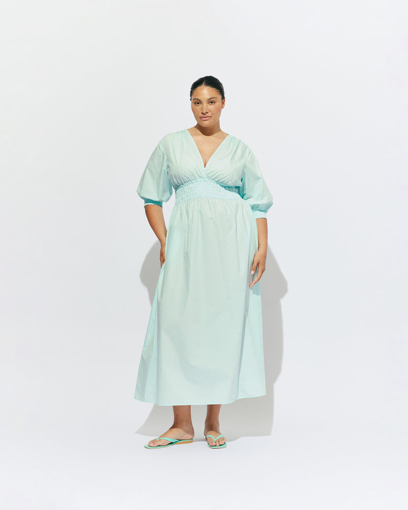 HERO COTTON PUFF SLEEVE MAXI DRESS MINT JULEP | An update to our Hero Maxi Dress, this puff sleeve maxi dress features a plunge neckline, shirred waist detail, and side split in a mint julep organic cotton. A Rubette favourite for any occasion, from weddings to workwear and more.