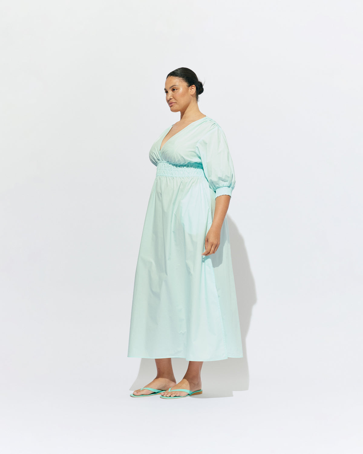 HERO PUFF SLEEVE MAXI DRESS MINT JULEP | An update to our Hero Maxi Dress, this puff sleeve maxi dress features a plunge neckline, shirred waist detail, and side split in a mint julep organic cotton. A Rubette favourite for any occasion, from weddings to workwear and more.