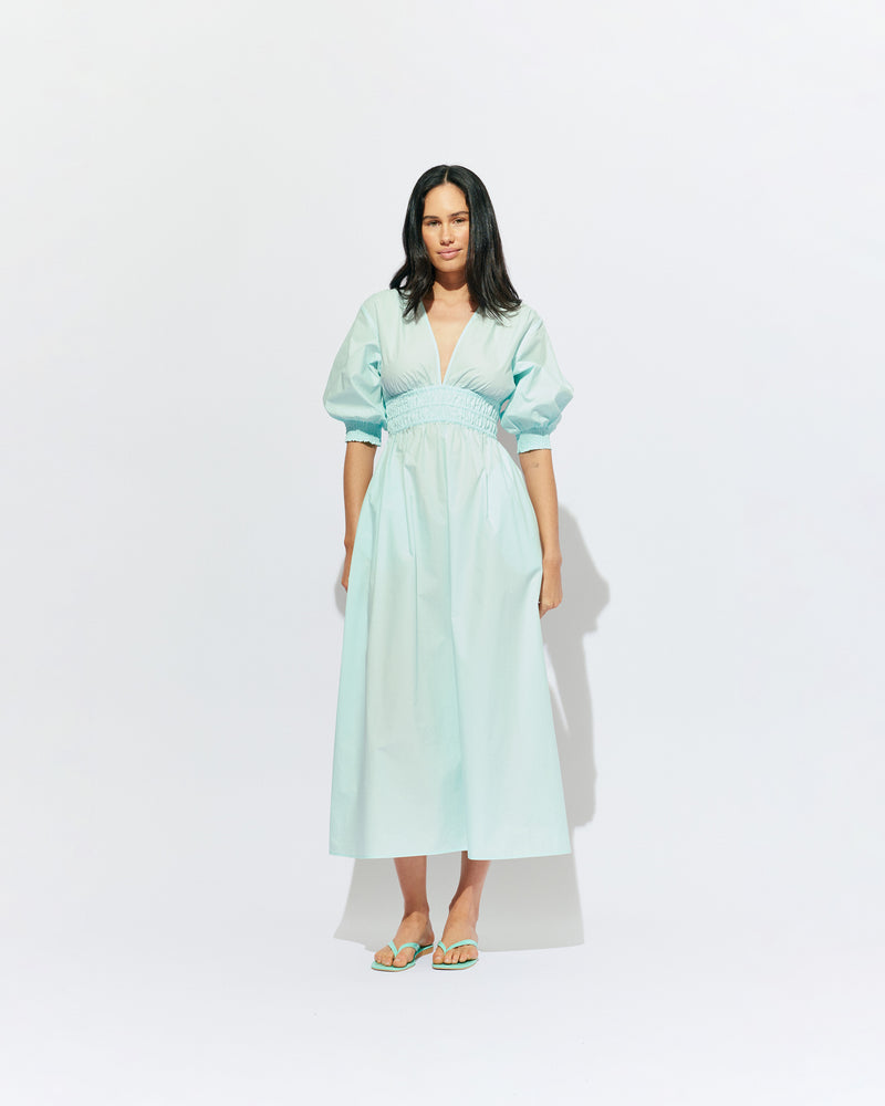 HERO COTTON PUFF SLEEVE MAXI DRESS MINT JULEP | An update to our Hero Maxi Dress, this puff sleeve maxi dress features a plunge neckline, shirred waist detail, and side split in a mint julep organic cotton. A Rubette favourite for any occasion, from weddings to workwear and more.